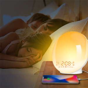 Sunrise Alarm Clocks, Wake Up Light with Sunrise/Sunset Simulation Dual Alarms Bedside Night Lamp Snooze Function FM Radio 7 Natural Sound 11 Colorful Atmosphere Lamp(White)