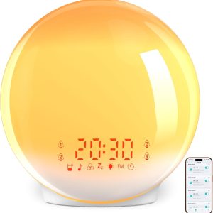 Daylight Alarm Clock, Light Alarm Clock Sunrise Simulation with 4 Alarms, App Control, Alarm Clock with Radio, 7 Nature Sounds, Snooze, 12 Colour Modes, 20 Brightness Levels, for Adults, Babies