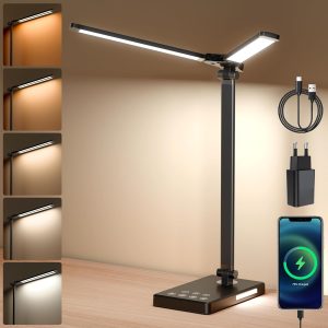Desk Lamp LED Double Head Table Lamp Dimmable Eye Protection Desk Lamp 5 Colours and 5 Brightness Levels Office Lamp Daylight Lamp with USB Charging Port Timer for 45 Minutes (Black)